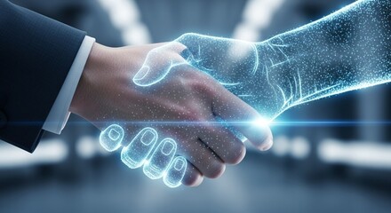Future Technology Handshake Illustrating Global Partnership