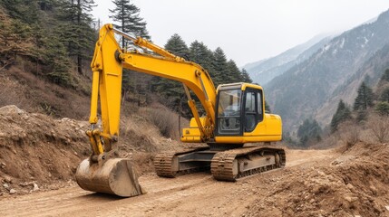 Obraz premium Yellow Excavator Working on Construction Site in Mountainous Terrain with Dusty Road and Dense Forest Background