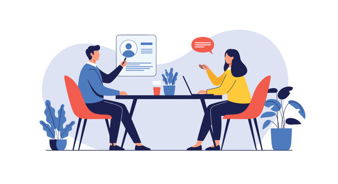 Professional job interview conversation between hiring manager and applicant during meeting