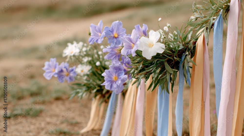 Poster a beautiful arrangement of flowers with colorful ribbons, creating a vibrant and decorative display 