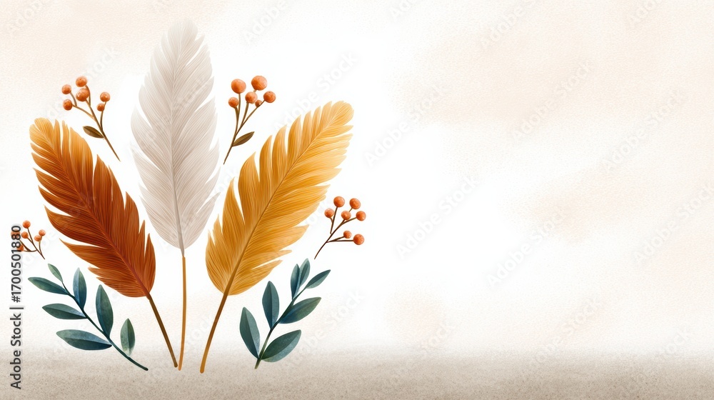 Poster a decorative arrangement of colorful feathers and berries set against a soft background, creating a 