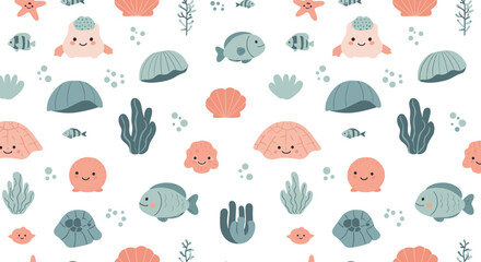 Charming underwater world with cute aquatic creatures and ocean elements
