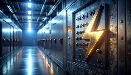 Industrial electrical room with large lightning bolt emblem on cabinet