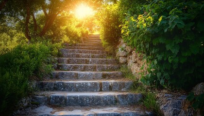 A pathway of stone steps ascends through a vibrant natural setting, framed by abundant green foliage and illuminated by sunlight filtering through the trees.