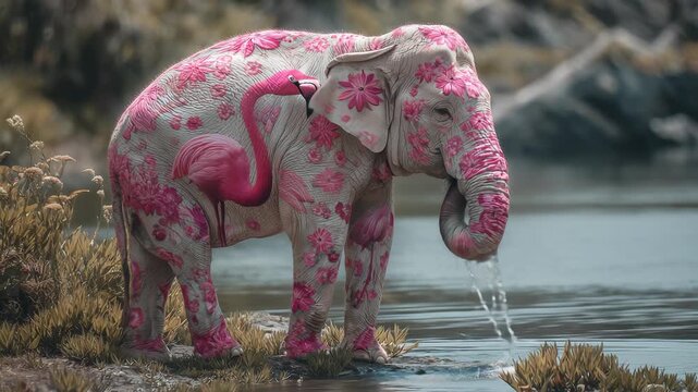 Elephant covered with pink floral patterns and flamingos standing near water.