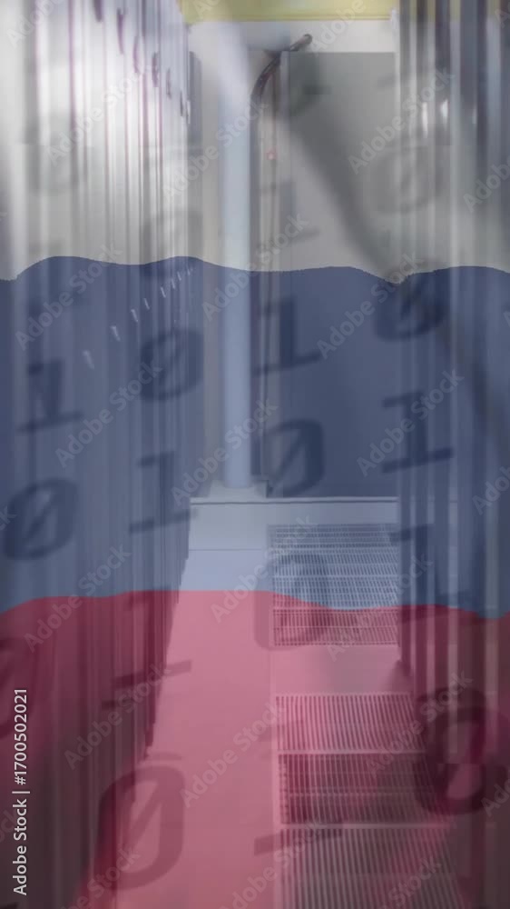 Aufkleber binary code and russian flag animating over server room in data center