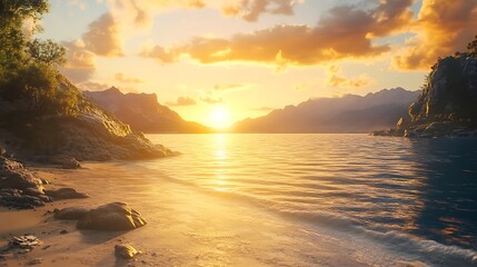 Gentle sunrise over quiet sandy shoreline with glowing horizon high resolution picture