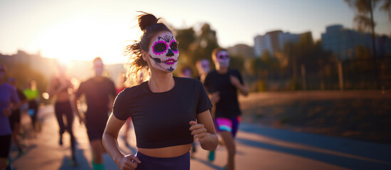 Hispanic woman with sugar skull makeup running in a halloween themed marathon during sunset with other participants. 