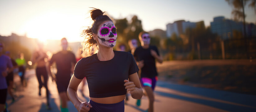 Hispanic woman with sugar skull makeup running in a halloween themed marathon during sunset with other participants. 