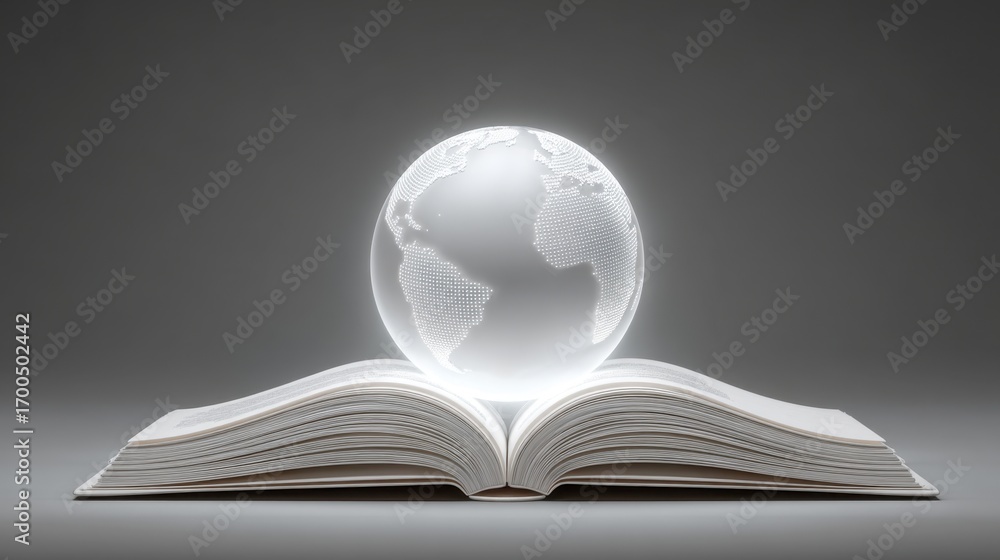 Poster open book with glowing globe on top symbolizing knowledge, education, and global understanding in mo