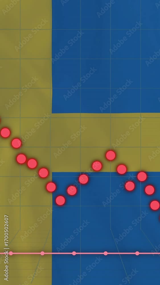 Poster graph with red dots showing downward trend animation over swedish flag background