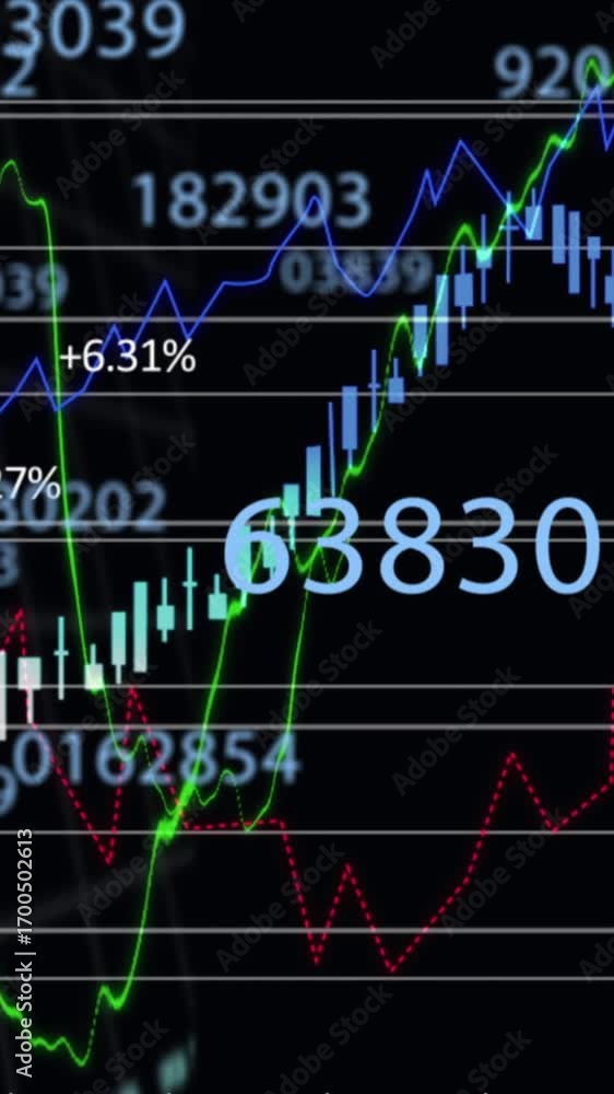 Aufkleber multiple numbers changing over financial data processing against black background