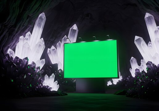 green screen billboard glowing crystals dark cave fantasy setting