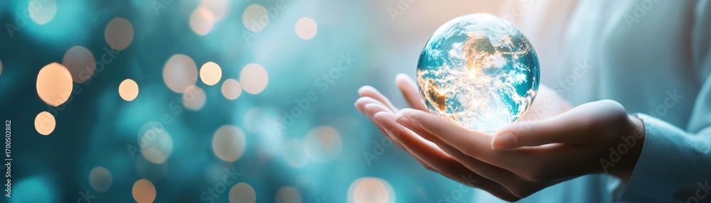 Poster a glowing globe held in hands, symbolizing care for the planet and global unity amidst a soft, bokeh
