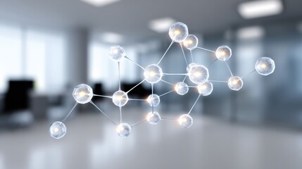 A conceptual image depicting interconnected molecules or atoms in a modern office environment, symbolizing science and innovation.
