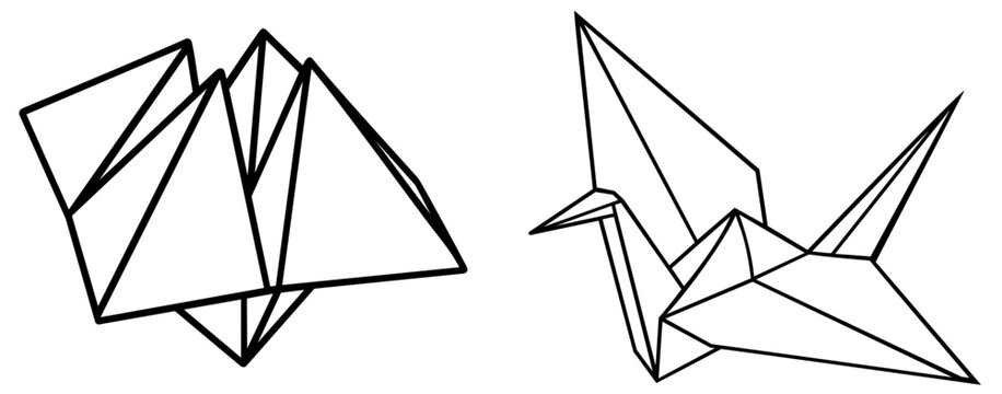 Origami paper crane bird and fortune teller folding craft models with creases and geometric shapes