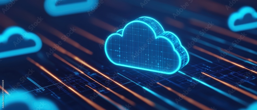 Poster a digital illustration of a glowing blue cloud symbol, surrounded by dynamic lines, representing clo