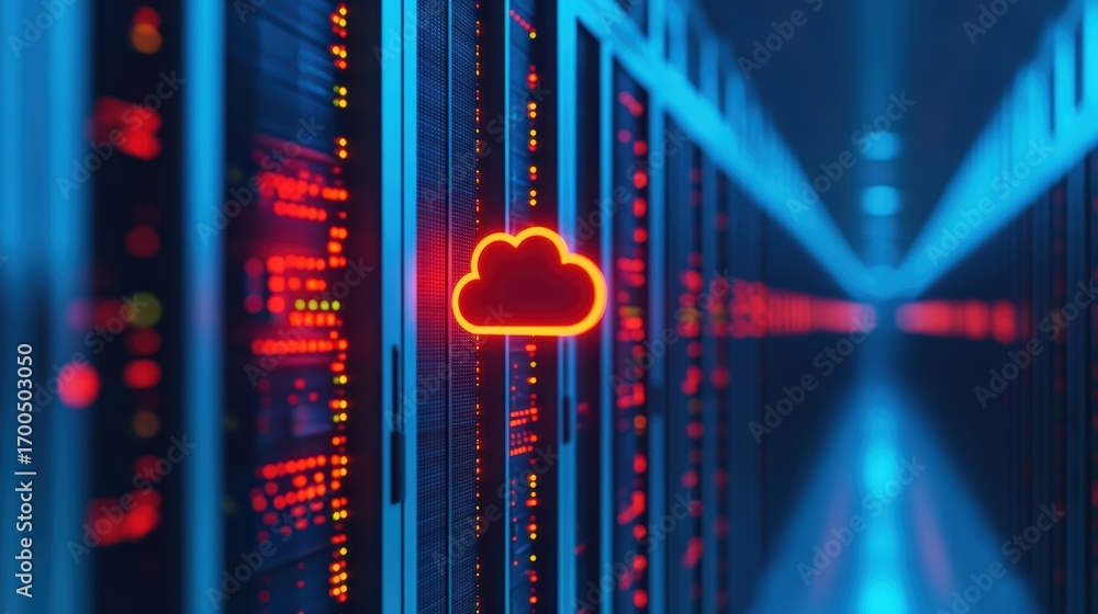 Poster a futuristic data center with glowing servers and a prominent cloud icon, symbolizing cloud computin
