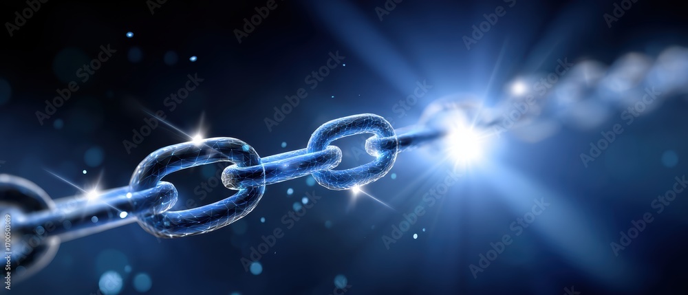 Poster a close-up image of a shining chain link illuminated by soft blue light, symbolizing strength and co
