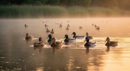 Ducks swimming in a serene lake during sunrise with mist