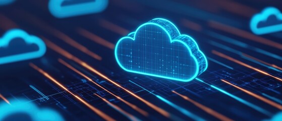 A digital illustration of a glowing blue cloud symbol, surrounded by dynamic lines, representing cloud computing technology and data transfer.