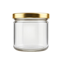 Empty glass jar with golden lid isolated on transparent background