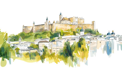 Naklejka premium Hohensalzburg Fortress. Hohensalzburg Fortress watercolor vector illustration