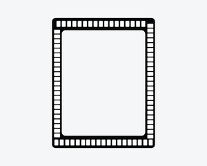Black film strip border with empty white frames on light gray background movie