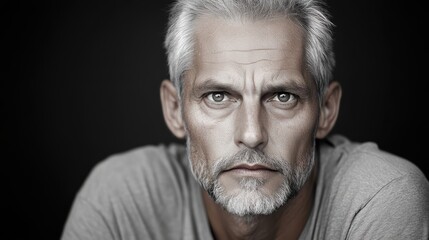 Obraz premium A close-up portrait of a mature man with grey hair and a beard, exuding intensity and wisdom, against a dark background.