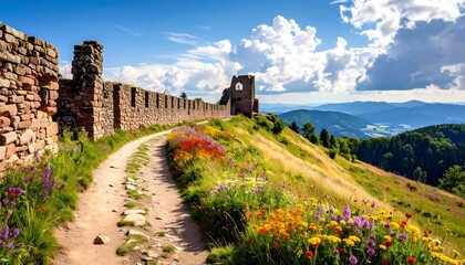 A winding path leads through vibrant wildflowers to a hilltop fortress, overlooking a scenic landscape of rolling hills and lush forests.