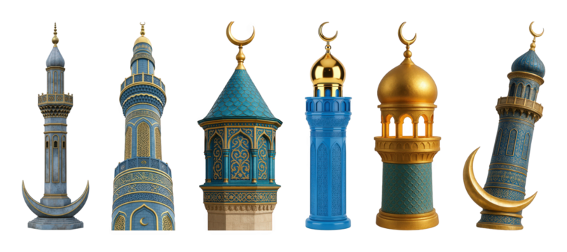 Ornate Islamic architectural elements set including minarets, domes, spires, and crescent moons isolated. Ramadan and Eid religious symbols. - Powered by Adobe