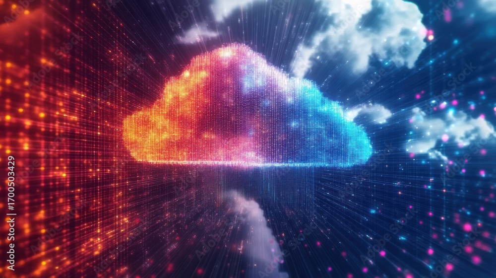 Poster a vibrant digital cloud with colorful data streams, representing technology and connectivity in a mo