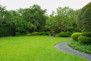 Garden landscape design with pathway in garden and footpath in picturesque summer park and staircase in backyard,Paving stones on floor in park,space for text.