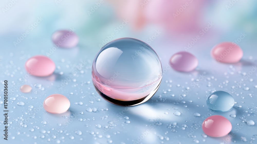 Poster a close-up of colorful water droplets and a translucent bubble on a soft, blurred background, creati