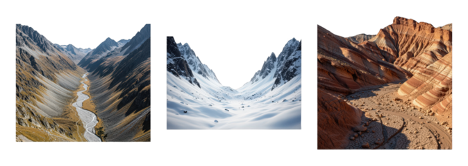 Diverse valley landscape set including rocky river valley, snowy mountain pass, and layered desert canyon isolated. Natural wilderness and geography collection.