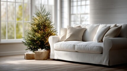 A cozy living room featuring a white sofa, a decorated Christmas tree, and wrapped gifts, creating a warm holiday atmosphere.