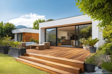 Fototapeta premium A modern home with a wooden deck, surrounded by greenery and mountains, exuding a serene and stylish outdoor living space.