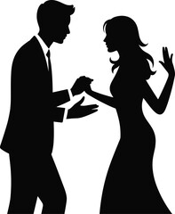 Elegant black and white silhouette of dancing couple in formal attire holding hands, romantic connection, ballroom dance, love, celebration, graceful movement illustration