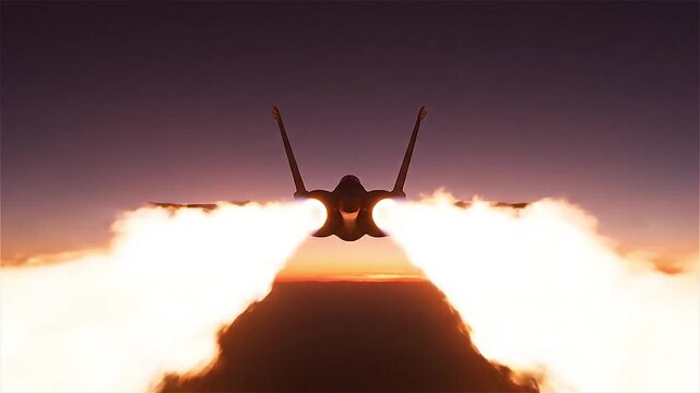 Powerful jet aircraft flying with full afterburner during sunset, illuminating the sky with brilliant flames and smoke