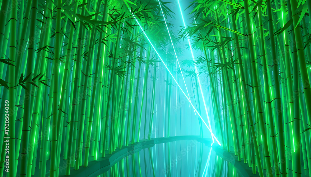 Poster a digital illustration of a futuristic green bamboo forest with lines of light creating a motion blu