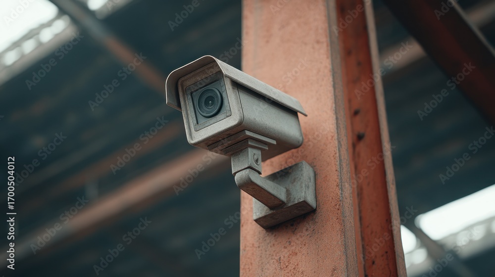 Poster close-up of a security camera mounted on a post in an industrial setting with soft focus background 