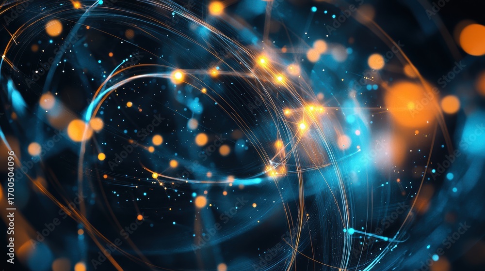 Poster an abstract image featuring swirling lines and glowing particles in blue and orange hues, creating a