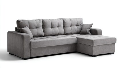 Obraz premium An elegant, comfortable gray sofa with plush cushions against a pristine white background