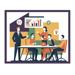 Flat Vector Illustration of Business Activities — Teamwork, Office Work, and Corporate People