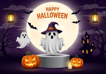 Spooky halloween night with ghosts and pumpkins