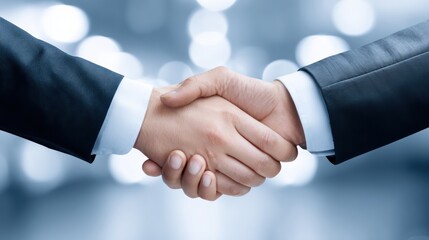 Obraz premium A close-up of two business hands shaking, symbolizing agreement, partnership, or a deal in a professional setting.