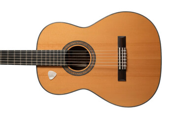 Fototapeta premium Light brown classical acoustic guitar, dark fretboard, nylon strings, rosette, mother-of-pearl pick, on transparent studio background, professional product showcase concept