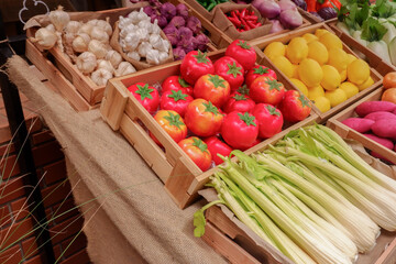 Fresh Fruits and vegetables at a farmer market,raw fruits,nutrition,organic,healthy eating or shopping in a grocery store.