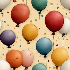 Balloons with colorful confetti dots in seamless festive pattern