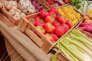 Fresh Fruits and vegetables at a farmer market,raw fruits,nutrition,organic,healthy eating or shopping in a grocery store.